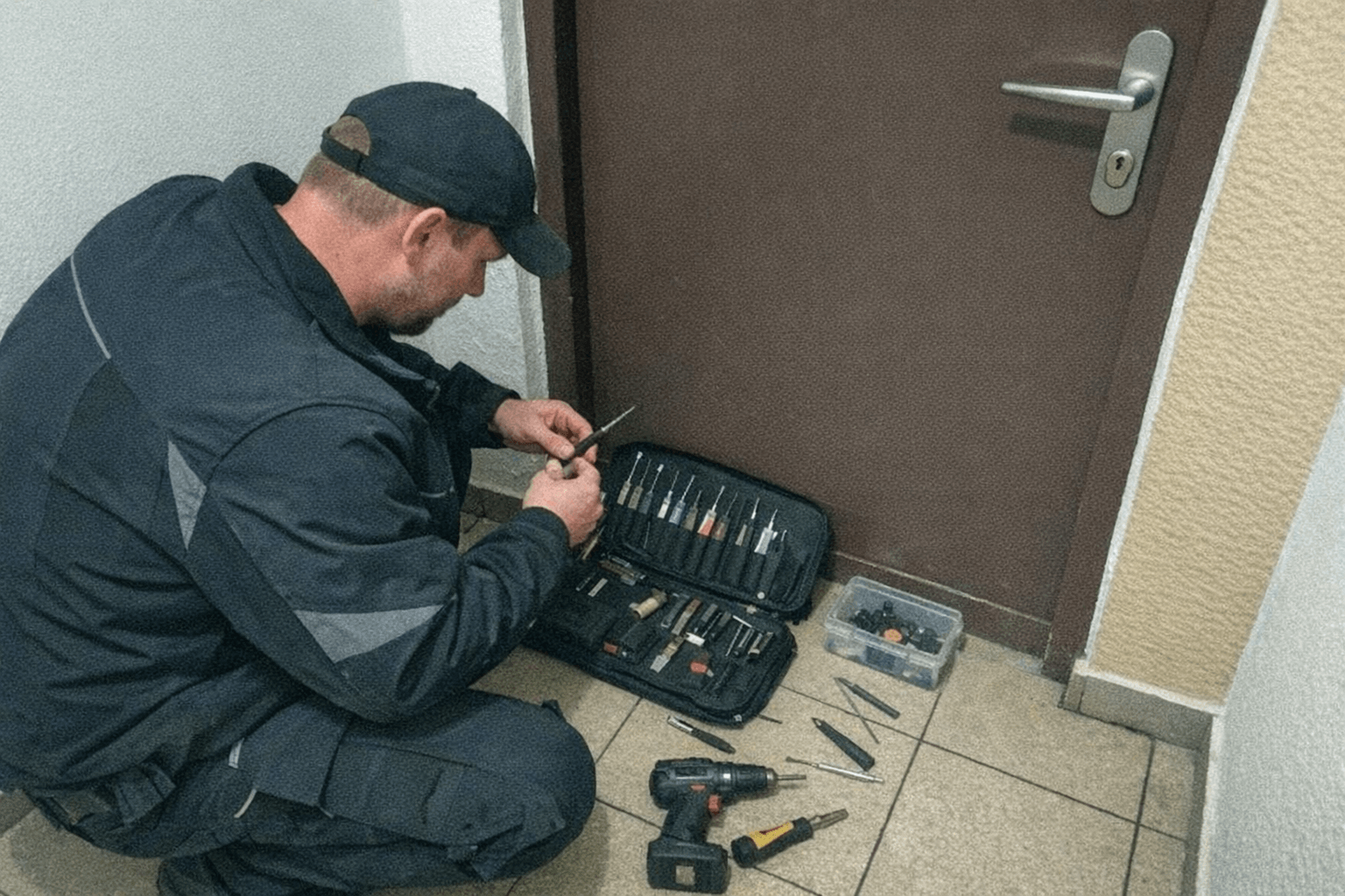 Monteur bereitet Spezialwerkzeug für den Einsatz an der Haustür vor